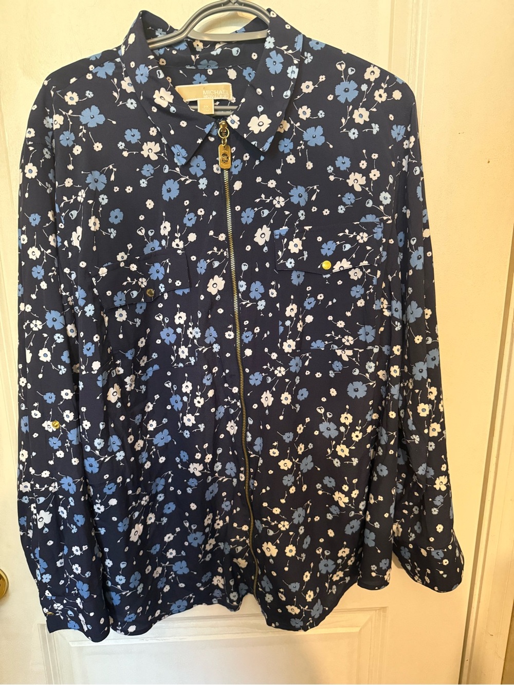 Michael Kors Navy Blue Floral Zip-Front Utility Jacket